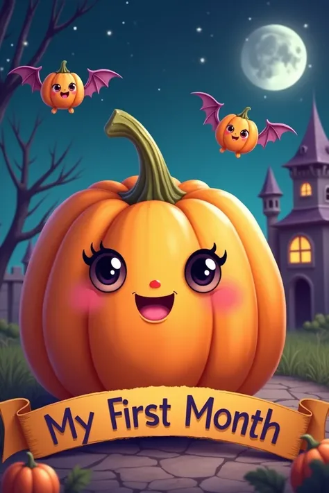 generate a cartoon image of a baby pumpkin and some baby bats flying nearby, with a banner in the background saying "my first month" and a little Halloween castle in the background