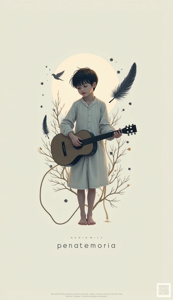 A minimal, modern, simple, cinematic logo design for the brand “Penamemoria". Create a modern, minimalistic, high-quality, logo of a white cinematic, fantasy mysterious boy playing acoustic guitar, a unique, magical, special, fantasy feather, a tree of mem...