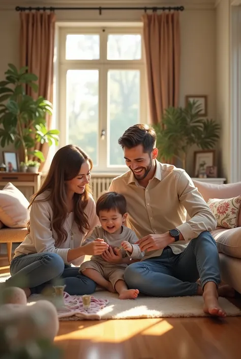 (photorealism:1.2), create a hyper realistic image full of details in resolution, of a happy family in a luxury apartment, they are very happy and playing 