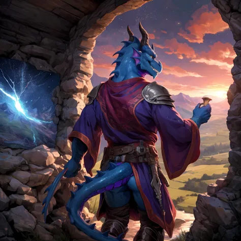  unique , male, mature male, (male anthro dragon:1.3), (Blue body:1.1), (Standing:1.3), (beast:1.2), (Sunset:1.23), armor, (robe), (review:1.2), Lift your head, (Rear View), landscape, cliff, dawn, horizon,  Careful Eyes , portrait, Dragon Tail, trumpet, (...