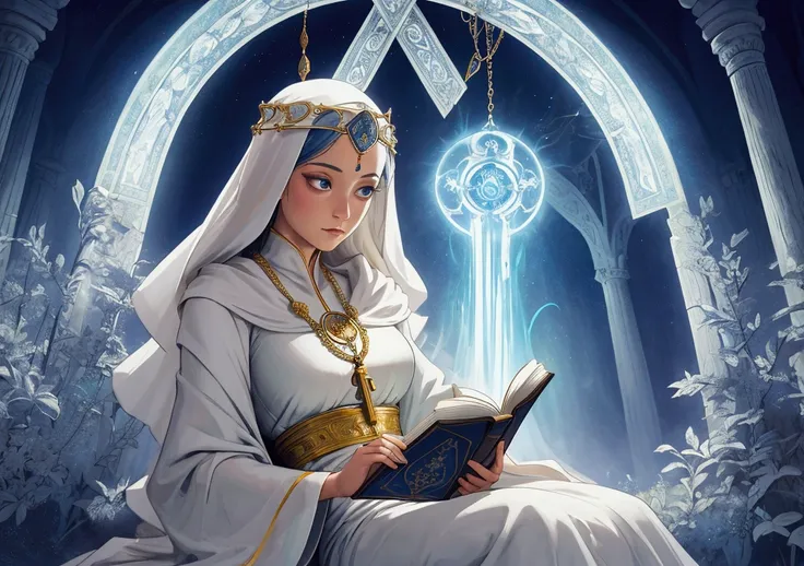 "A regal woman sitting with the sacred book in her hands, her eyes serene and focused. She wears a flowing deep blue robe and a delicate white veil over her head. The book she holds emits a subtle, golden light, symbolizing deep knowledge that can only be ...