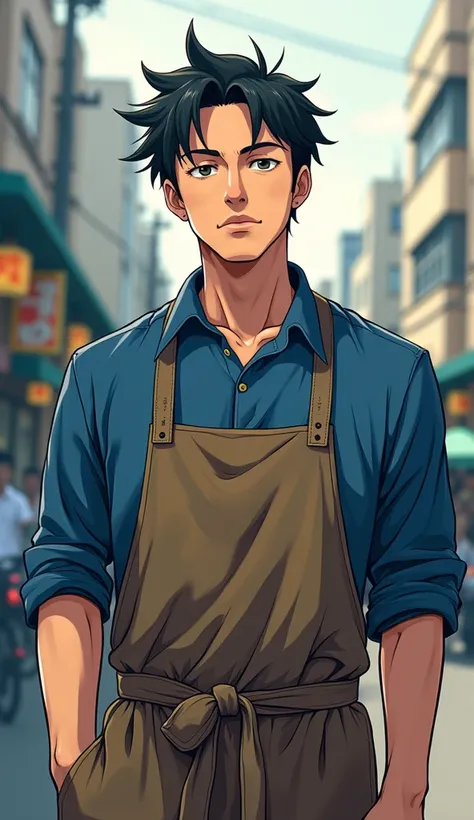  dark haired man poster,  black cabello, blue shirt and apron , serious guy,  whistling in the middle of the street , anime style comic 