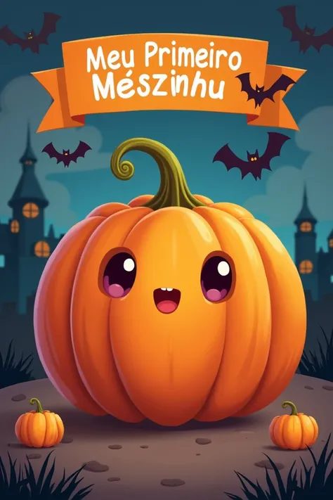 generate a cartoon image of a baby pumpkin, some baby bats flying nearby, with a banner in the background saying "Meu Primeiro Mêszinho" and a little Halloween castle in the background