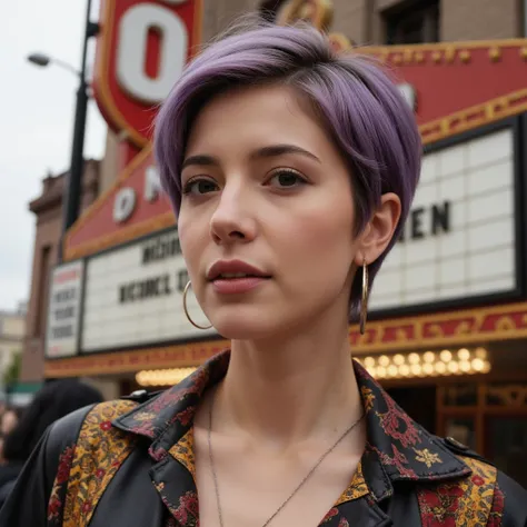 woman in her early 40s, stylish pixie cut with purple highlights, wearing bohemian-style clothing, standing in front of a vintage theater marquee