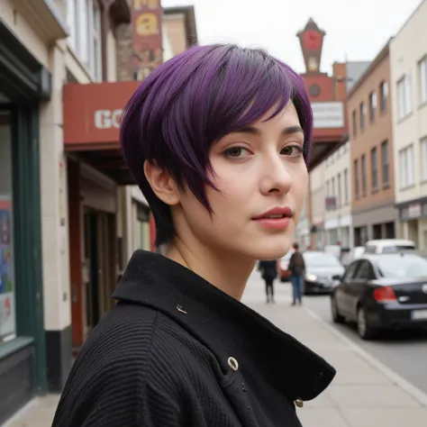 woman in her early 40s, stylish pixie cut with purple highlights, wearing bohemian-style clothing, standing in front of a vintage theater marquee