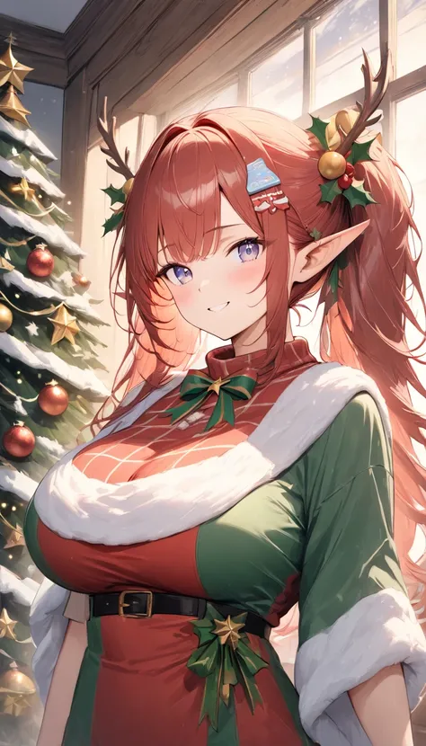  in detail textures,  high quality ,  high resolution ,  high accuracy, realism, color correction,  the right lighting settings ,  harmonious composition . (( best size )), ((masterpiece)), ( in detail), ( Christmas card :1.5), 1 girl,  sexy , elf,  red ha...