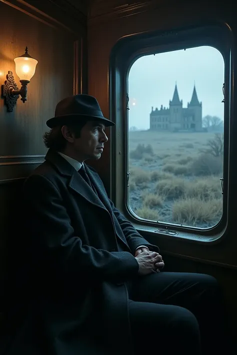  Sherlock Holmes and Watson traveling by train to the Baskerville mansion, with a dark landscape .