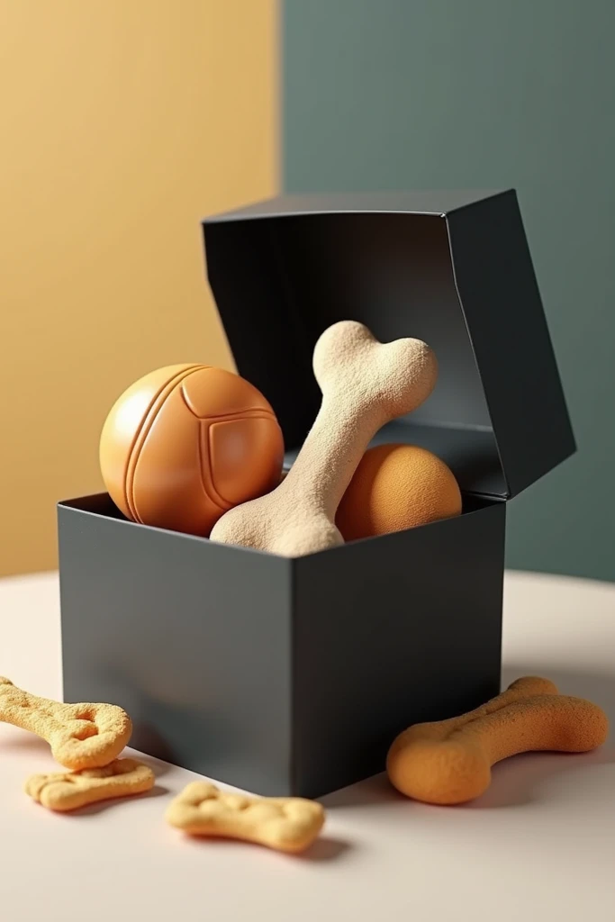  Create the image of a black gift box, Open with a ball ,  a bone and dog snacks , on top of a table