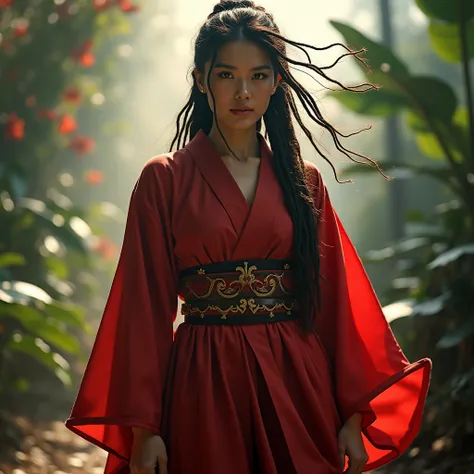 Une femme samurai, cheveux noirs longs, dreadlocks, habits rouge traditionnels, vent, particules pétales, plantes géantes, lumière sensuelle, 4k, épique 