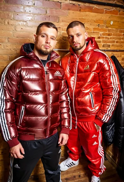 Portrait urban style, rapper gansta style, medium body of two:chav guys handsome 30 year old Chavs,muscular and athletic,having a beer inside a bar in London, more scally men in the background, with beard, full red elecetric leather cap "adidas", in black ...