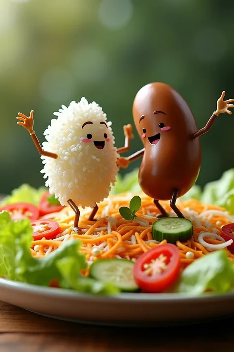 “A hyper-realistic photograph of a giant grain of rice and a massive bean, each the size of a small car, dancing in the center of a plate filled with colorful salad. Fresh lettuce leaves, slices of tomato, shredded carrots, and pieces of cucumber create a ...