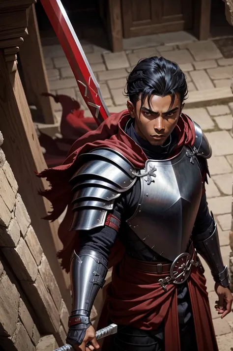 Black young man, Black hair, gojou satoru hairstyle, Medieval black armor with red details, White sword, Scars on face, Serious face, in a castle, red cape like a medieval knight with red pupils 