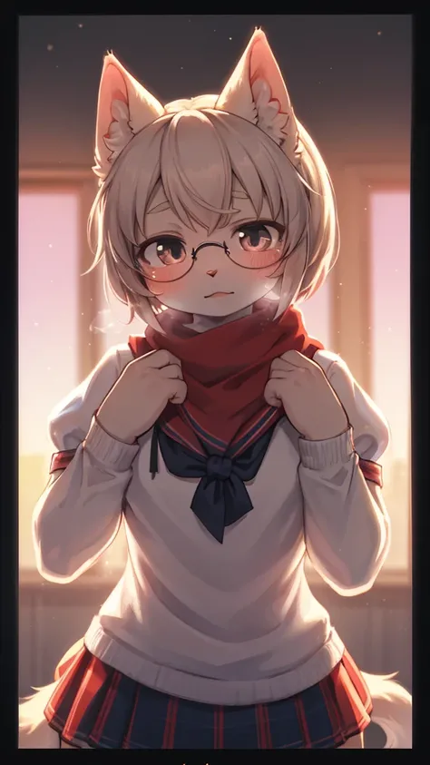 First Love , being Confessed , School cat girl, Cat Whiskers , winter school uniform, hide mouth by scarf , round glasses , Disarray tied hair , butter face , loose body , Freckles , ugly geek , steamy breath , winter , in the school , about to pee , A lit...