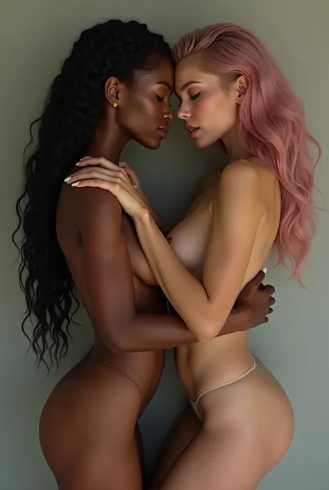 High-end moddeling photography, full-body shot of two naked models, one black afro-american with long black pig-tail hair, one caucasian with shoulder long waivy pink hair colour, very slim sweet lovely faces with stunning sharp contours, lovely lips kissi...