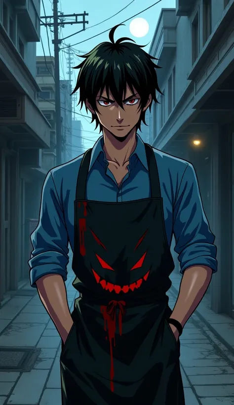  poster dark-haired man ,  black hair, blue shirt,  bloody kitchen apron ,  hands in pockets,  his shadow projects evil and a malevolent smile, Desolate street background , comic type, anime,  like previous images 