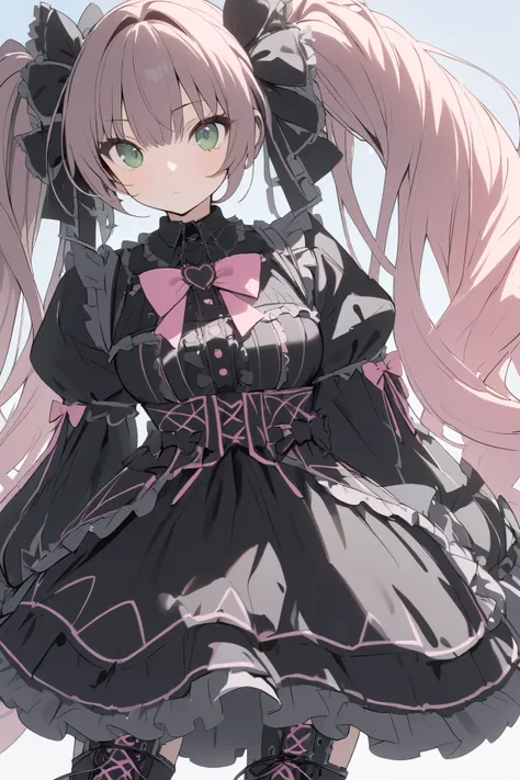 Masterpiece highest quality Unity 8k,( twin tails),  hair bow , black hair, Very Long Hair ,green eye,(jiraikei (pink gothic lolita:1.3)), lace up boots ,Outdoor, simple background