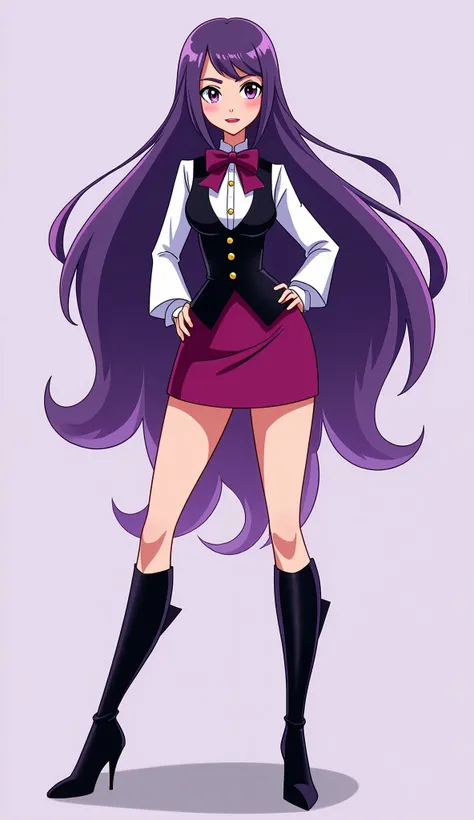 (Zatanna from DC Super Hero Girls 2019), (long purple hair), (straight purple hair), (sparkly purple hair), (magical purple hair) (Dark purple), (Zatanna is a beautiful teenage girl with fair skin and a distinctive hourglass figure), (thick light indigo ha...