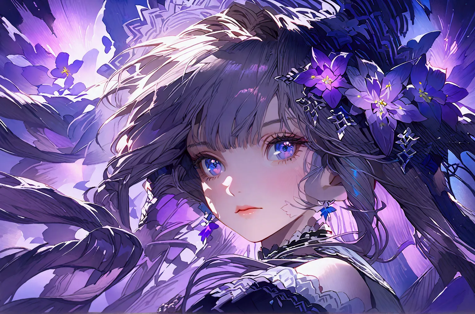 A beautiful anime girl with violet and dark blue hair, cosmic purple and dark blue eyes, delicate facial features, long eyelashes, elegant hairstyle similar to Adult Herta, detailed portrait ,vivid colors,dramatic lighting,digital painting,fantasy art,cine...