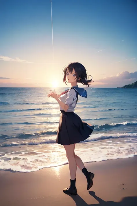 anime girl standing in the sea with her arms outstretched, At sea, Gwaiz, Being on the beach, in the sea, Sea in the background, At the Beach, Ross Tran. Picturesque background , At sea, Above seawater, Gwaiz on pixiv artstation, Expressing joy. Krentz Kus...