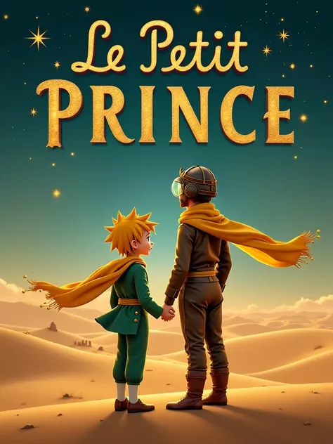 a cinematic photo of an outstanding movie poster featuring the title "Le Petit Prince" in bold, golden, hand-written, 3D letters with subtle texture, adorned with delicate stars and tiny accents, with The Little Prince standing from behind, in the vast, sa...