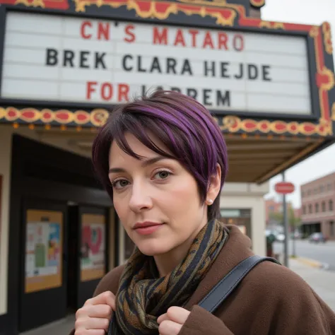 woman in her early 40s, stylish pixie cut with purple highlights, wearing bohemian-style clothing, standing in front of a vintage theater marquee