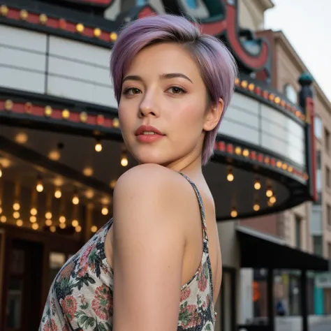 woman in her early 40s, stylish pixie cut with purple highlights, wearing bohemian-style clothing, standing in front of a vintage theater marquee