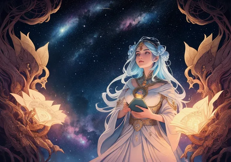 "The Papisa stands before a celestial landscape, the sky swirling with nebulae and stars. Her book is open before her, and its pages emit light that forms constellations above her head, creating a starry map of the divine knowledge it contains. She is dres...