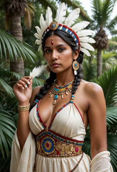 An ancient American Indian, feathers, head-dress, holding a galaxy in his palm