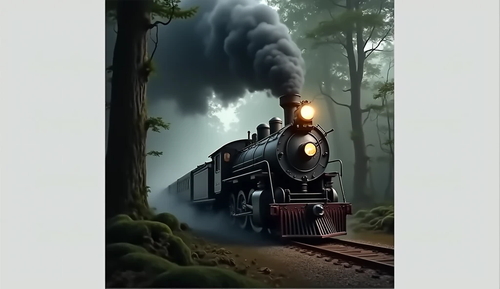 A painting depicting a steam train crossing a forest, gothic locomotive, steam train, 8k high-definition detailed oil painting, incredible painting, amazing, steam trains, Train in the background, High quality digital, Detailed 3D Gothic painting, extremly...