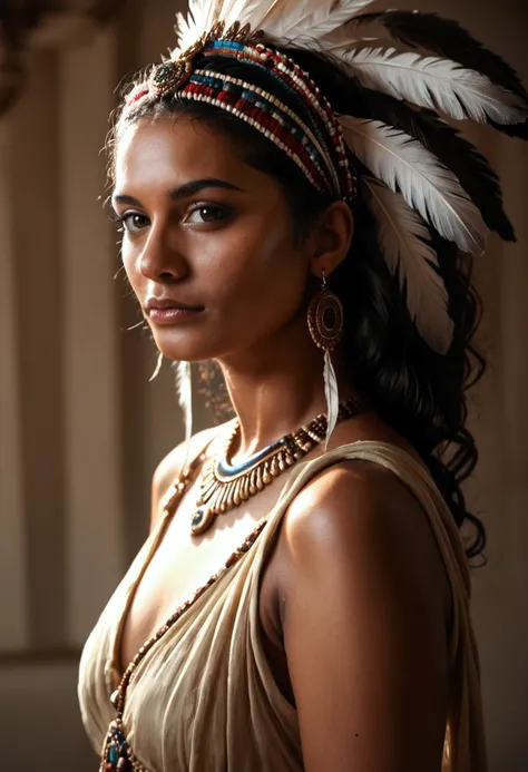 An ancient American Indian, feathers, head-dress, holding a galaxy in his palm, Photorealistic, high resolution, 8k, photorealistic, hyper detailed, intricate details, dramatic lighting, cinematic composition