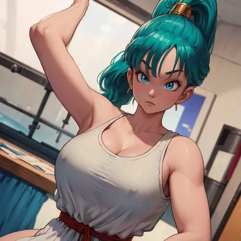 1 woman,     masterpiece    , better_quality:0.5, highres, 4k image, ( _    details    :0.7), absurdo, ((cowboy_angle_shot:0.4)), Refine the image  , Bulma, alone, Blue eyes, blue hair, aqua hair, hair, high ponytail, earrings, camiseta sleeveless blanca, ...