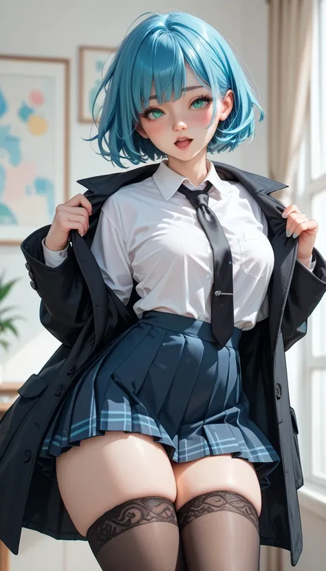 , short blue hair, turquoise eyes ,  face blushed with pleasure,  round and firm tits,  thick thighs ,  schoolgirl costume  ( white shirt , black tie, black coat, Black miniskirt,  black stockings)