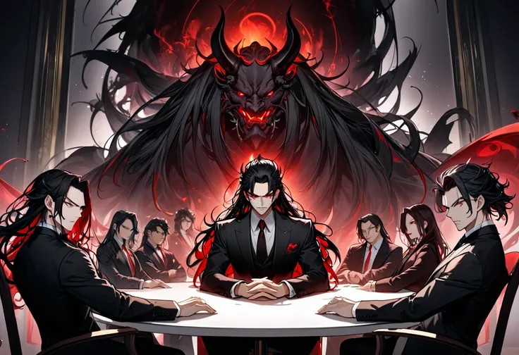 (beautiful and delicate) (Spectacular views illustration), (in a vivid black Dignified gentleman clothes with red aura:1.2), solo, vivid black hair long hair, best immensely cool Demon King Gentleman, age 520, best cool and sharp red eyes, best stocky and ...