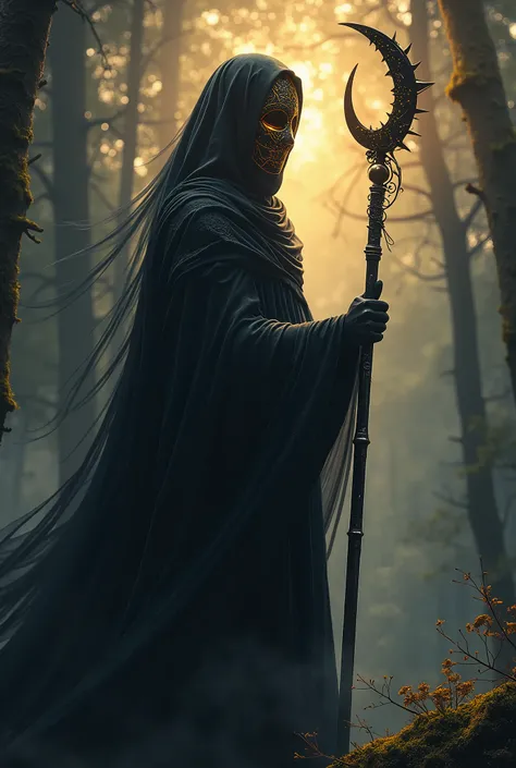 Deep within a forest forever trapped in twilight, the Eclipse Herald emerges, a figure cloaked in flowing robes that shimmer like liquid shadows, absorbing the faint light filtering through the canopy. Its form is otherworldly, gliding silently over the mo...