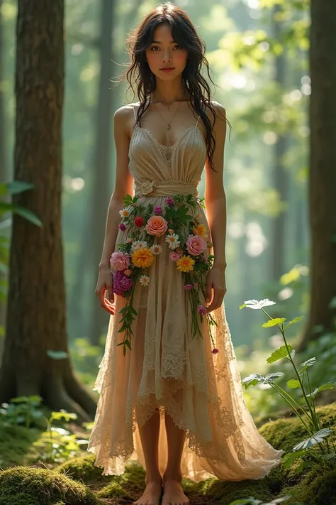 **“A realistic front-view portrayal of a young woman standing alone in a quiet forest, exuding natural human beauty. Her skin has a soft, sunlit warmth, with subtle imperfections that make her appear real and grounded. She has slightly flushed cheeks, a na...