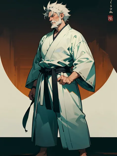 1male , Messy Hair , Grey Hair , Old Man , Wrinkles , Black Kemono , Taichi Clothing , Perfect Generation , Martial Arts Clothing , Beard , Standing In Dojo