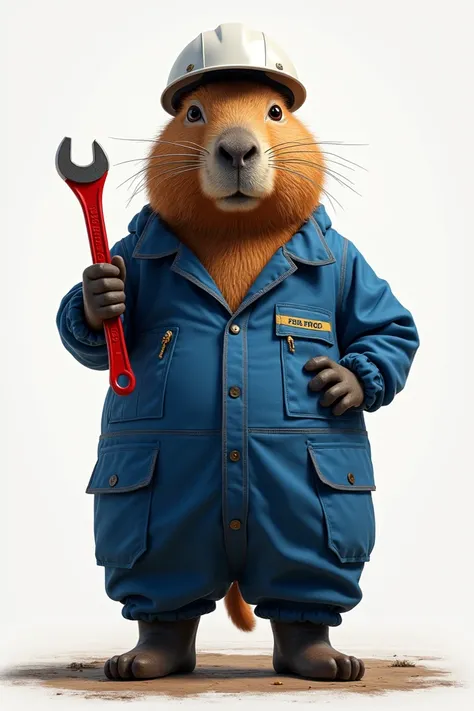 A capybara standing wearing a blue jumpsuit with boots and white helmet with a red socket wrench in his hands 