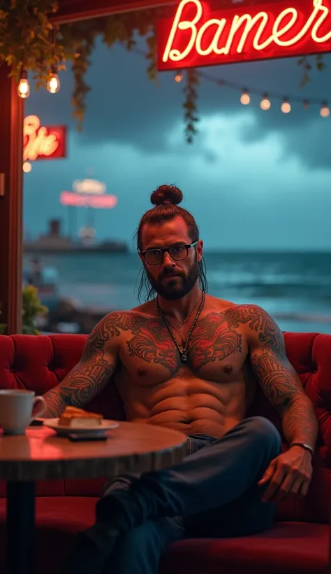 A muscular middle-age daddy with very long hair tied in a bun, he wears reading glasses. He was handsome and charming like henry cavill. Some beautiful colourful tattoos on his upper arms and chest. He was inside a cafe in a seaside, he should be sitting c...