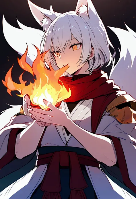 Male,kitsune,White hair,red scarf,fire in hand,looking forwards but has a oni mask covering half his mouth and cheeks 