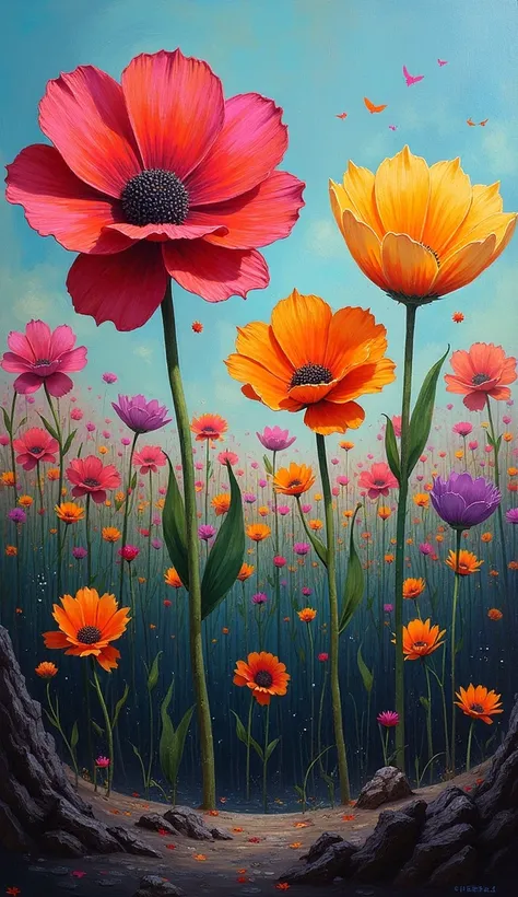 A field full of giant flowers emerging from a black, arid soil. Each flower is made of vibrant brush strokes of color, as if the field were a canvas coming to life. Realistic style