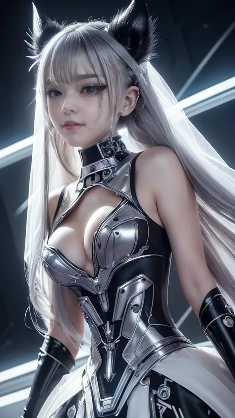  Masterpiece  ,    beautiful realistic character representation    , Her hair is long,  Silky Silver ,   clear  , Glowing dimly,    fox-like ears   ,     Twin tails in a hairstyle woven by natures whispers  , And bushy, Silver Fox Tail   , 口がweakい,  look u...