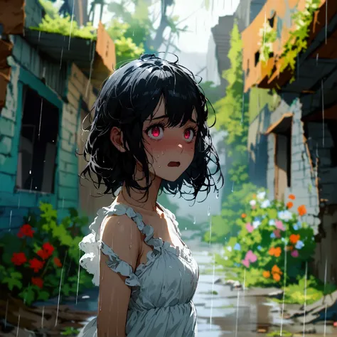 A   with a medium black hair and ruby eyes wearing a white dress in a destroyed house in a rainy day, scared