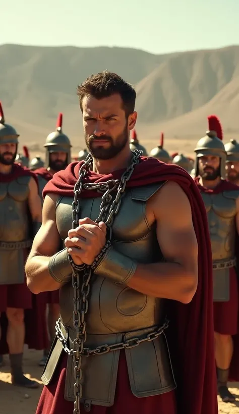 Spartacus as a slave, his face full of defiance and resilience, shackled by Roman chains. He is surrounded by Roman soldiers, their armor gleaming in the sunlight, while the vast, harsh landscape of Thrace looms in the background. The scene is one of tensi...