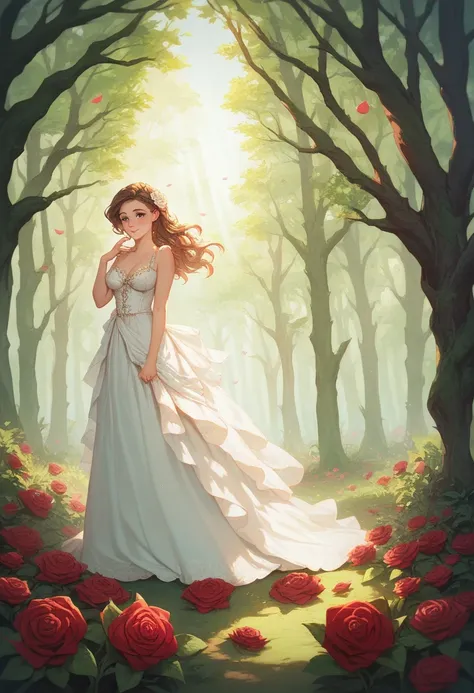 “A young girl standing alone in a serene forest, wearing a breathtaking, floor-length dress made entirely of vibrant, multicolored flowers—roses, daisies, and wildflowers—covering her completely and flowing to the ground, hiding her feet. She has long, wav...