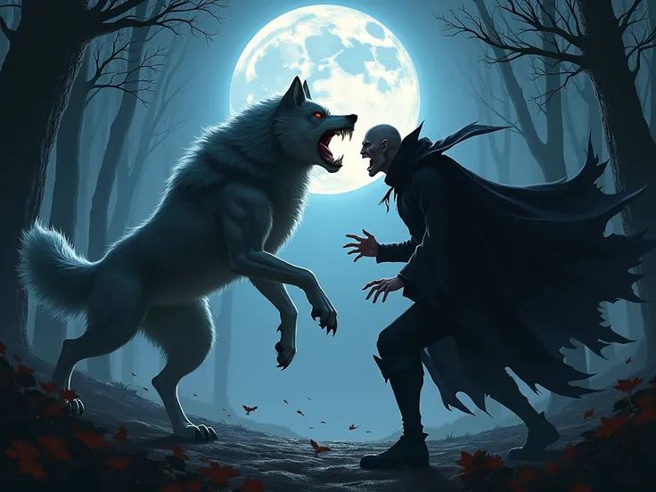 Alpha wolf fighting a red-eyed, black-cloaked vampire on the edge of a forest,  night with full moon .