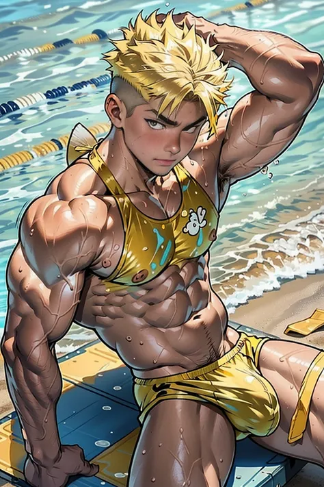 nsfw, 18 year old boy, cute baby face, ahegao, orgasm, bulky body, ((yellow hair)), (nude, naked, bare), huge bulge, huge butt, undercut hair, 1 person, masterpiece, best quality, perfect anatomically, high detailed, (((swimmer))), (((topless))), small swi...