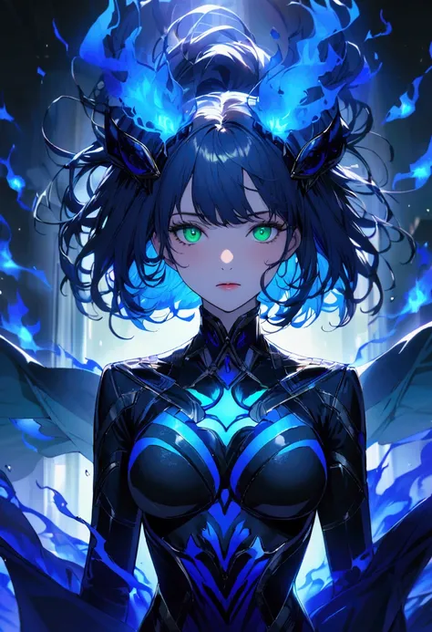  Create a being totally made of blue flames ,  your body covered by blue flames ,  your hair floating in intense blue fire over your head, green eyes filled with energy 