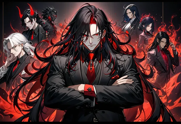 (beautiful and delicate) (Spectacular views illustration), (in a vivid black Dignified gentleman clothes with red aura:1.2), solo, vivid black hair long hair, best immensely cool Demon King Gentleman, age 520, best cool and sharp red eyes, best stocky and ...