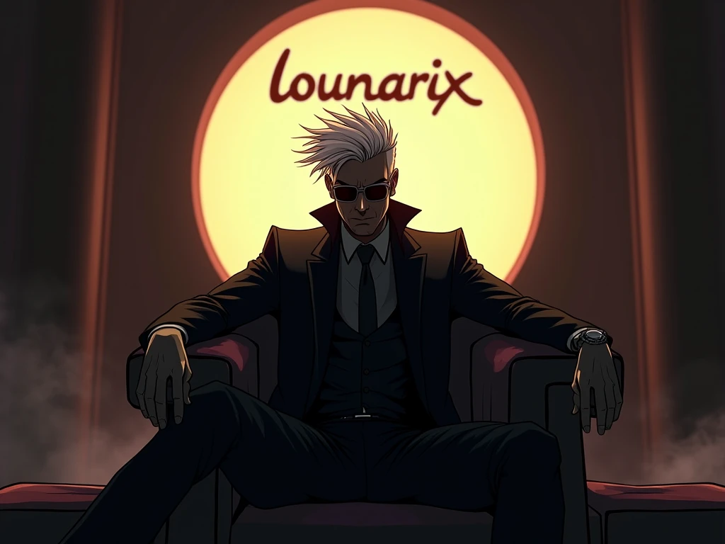 A highly detailed 4K illustration of a mysterious figure with spiky white hair, wearing a sleek black outfit and sunglasses, sitting in a dramatic, warm-lit room. A large rounded window in the background lets sunlight stream in, creating cinematic shadows ...