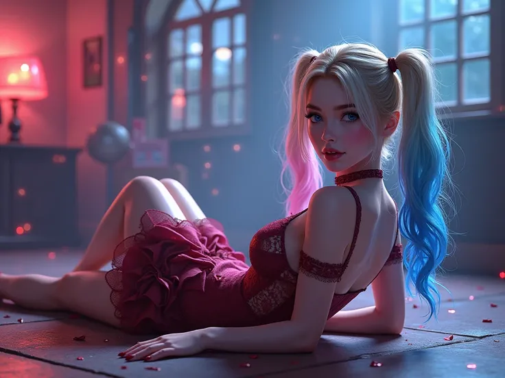 {-erro_de_anatomia:1.0}(best quality,4k,8k,highres,masterpiece:1.2), ultra-detailed, (realistic,photorealistic,photo-realistic:1.37), mature milf, Harley Quinn, blonde hair, twintails, blue and pink highlights, full body, vibrant colors, glowing skin, mesm...